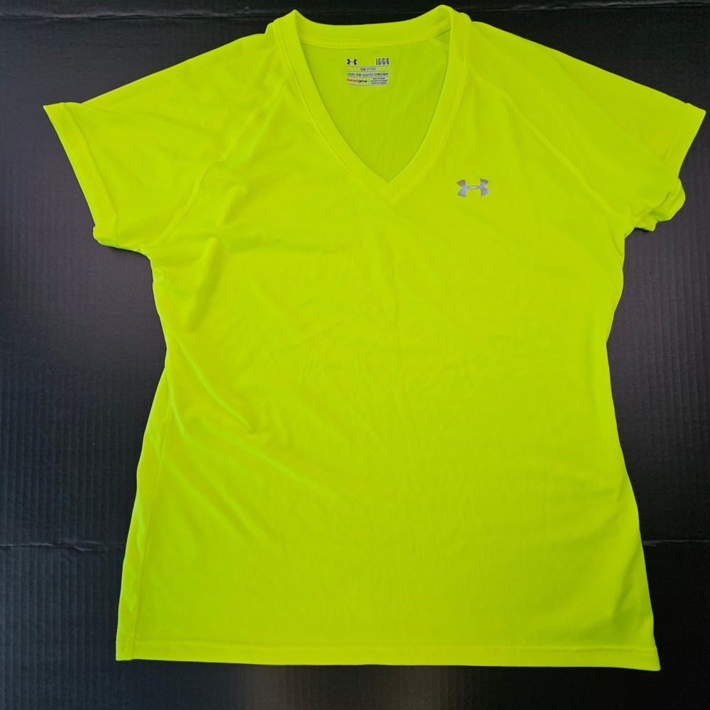 Under Armour HeatGear V-Neck Shirt Womens Large Yellow Short Sleeve Tee 1228321